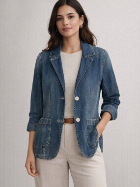 Inked & Faded Denim Jean Jacket Blazer – 2 Button Front, Size Small